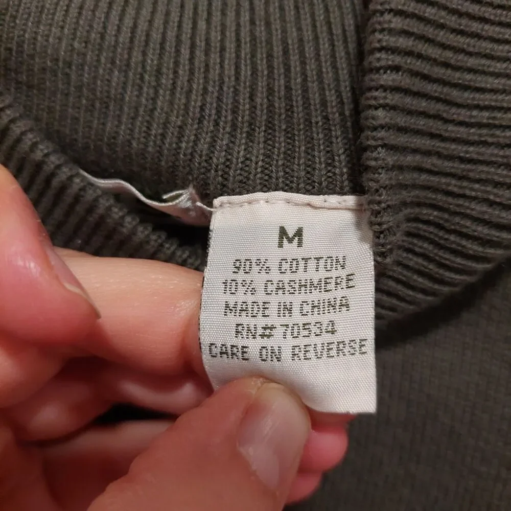 Orvis Cotton Cashmere Olive Green Knit Sweater Mock Neck Pullover